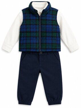 NWT Carter's 3 Piece Toddler Boy Outfit Set Size 18 Months Plaid Puffer Vest Nav